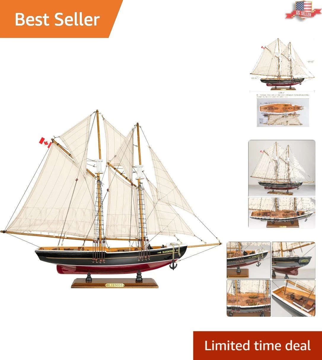 Authentic Wooden Bluenose Model Ship 1/80 Scale - Perfect Gift for Sailors