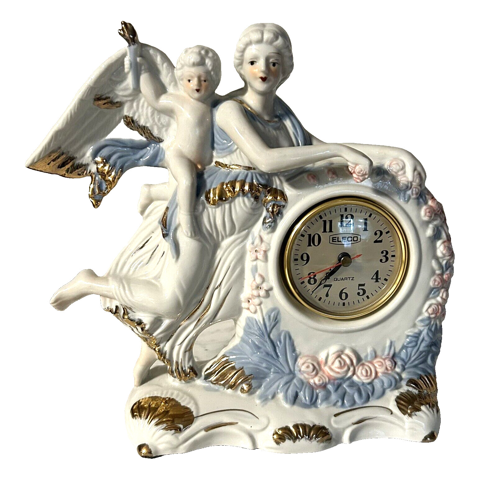 Eleco Vintage Porcelain Angels Clock  10.5” X 10.5” VGC - Works