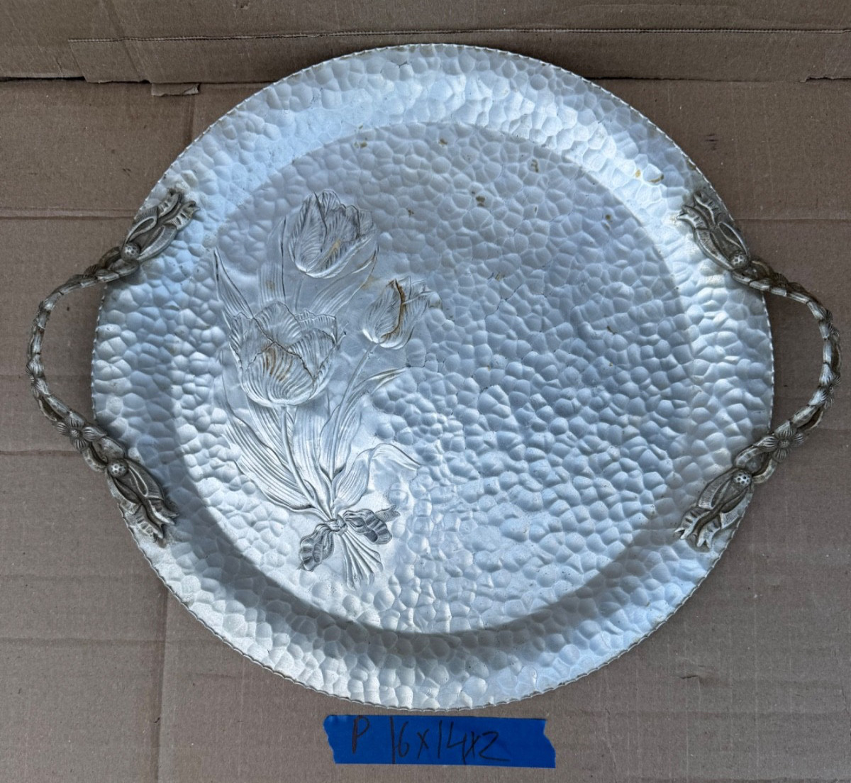 Vintage Rodney Kent Hand Wrought Aluminum Tulip Tray With Handles