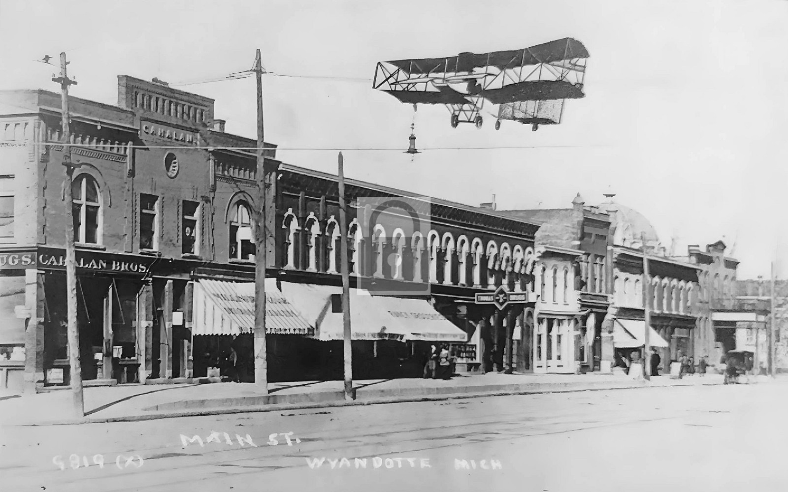 Main Street View Biplane Wyandotte Michigan MI - Reprint