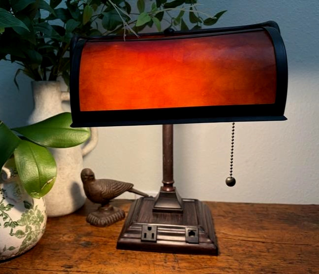 Mica Mission Bankers Desk Bronze Lamp Amber Shade w/ Ph & 110V Jacks Heavy 14 Mica Mission Bankers Desk Bronze Lamp Amber Shade w/ Ph & 110V Jacks Heavy 14