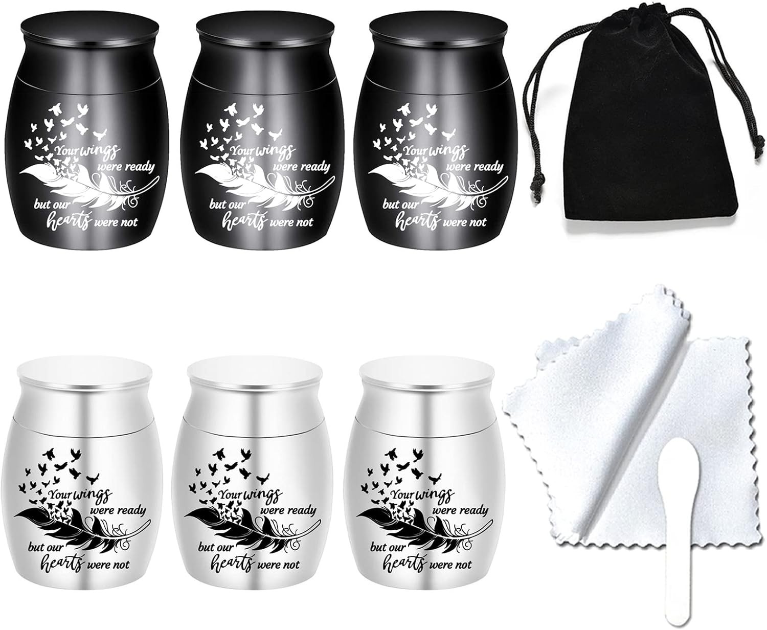 Small Keepsake Urns for Human Ashes - Set of 6 - 1.57x1.18in, Black/Silver