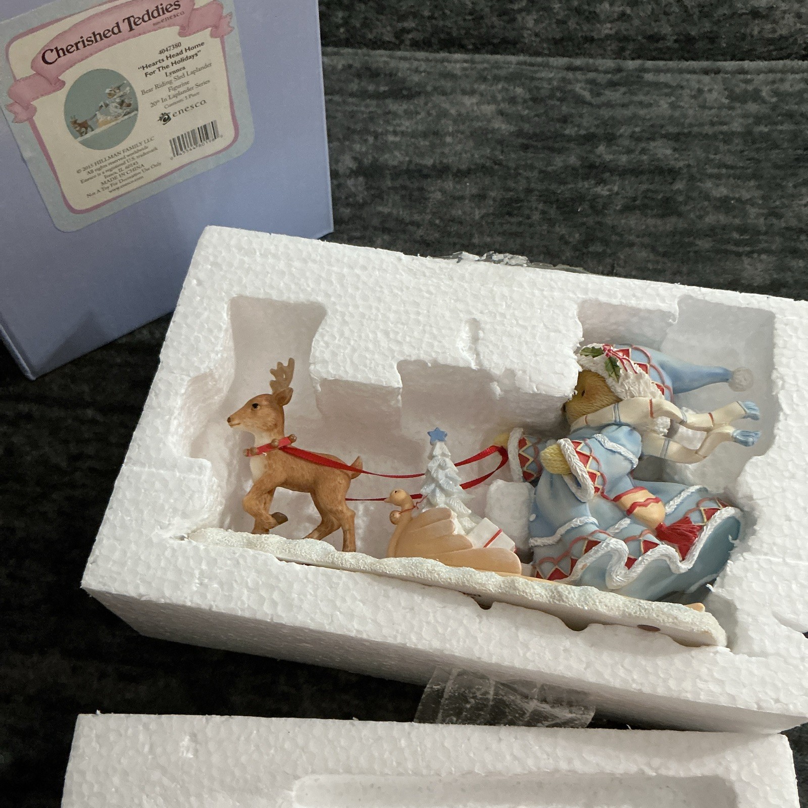 Cherished Teddies Bear on Reindeer Sled Figurine Boxed Resin 7in x 4in