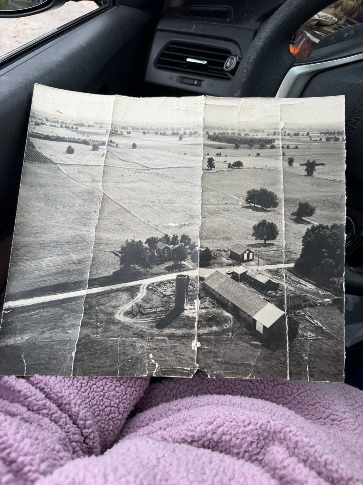 Vintage original black-and-white aerial farm photograph dated September 9, 1954. Vintage original black-and-white aerial farm photograph dated September 9, 1954.