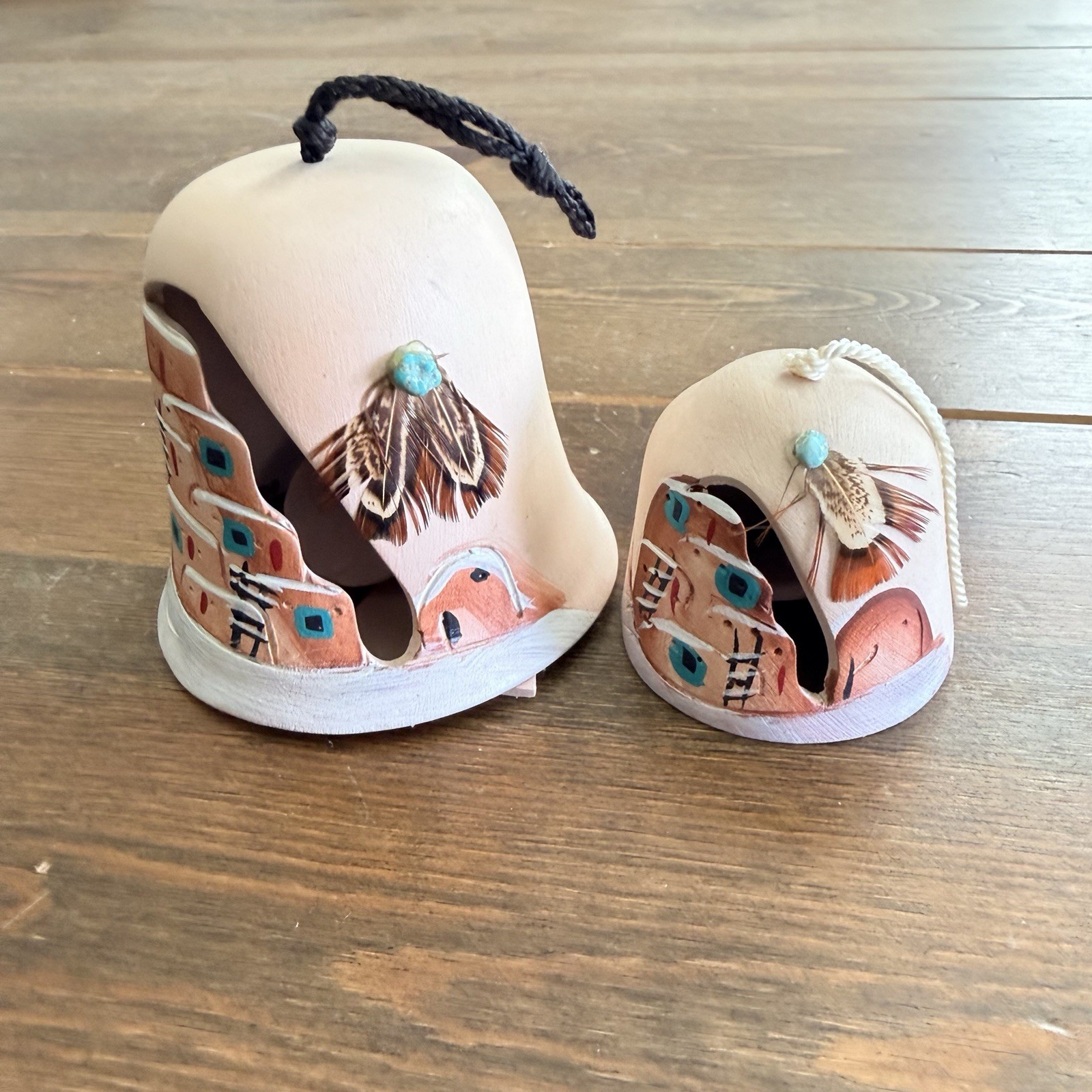 Hand-Painted Pueblo Clay Bell with Turquoise Style Accent & Feathers Signed ARA