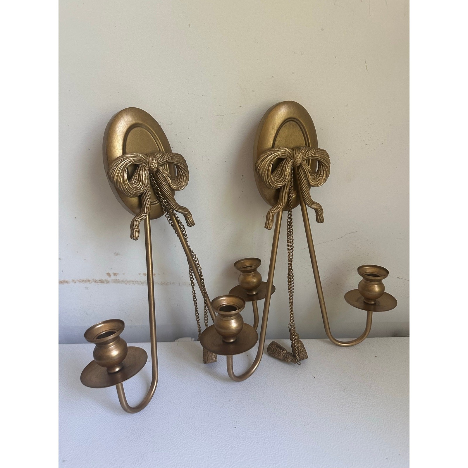 Antique French Style Wall Sconces gold Dual Candle Holders with Bow Tassel set 2