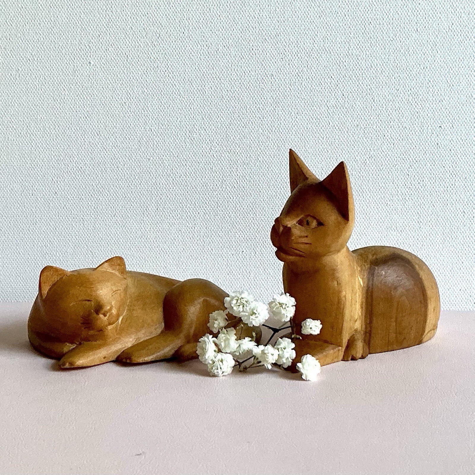 Vintage Hand Carved Wooden Cats Set MCM Boho Wood Cat Figurines 3”
