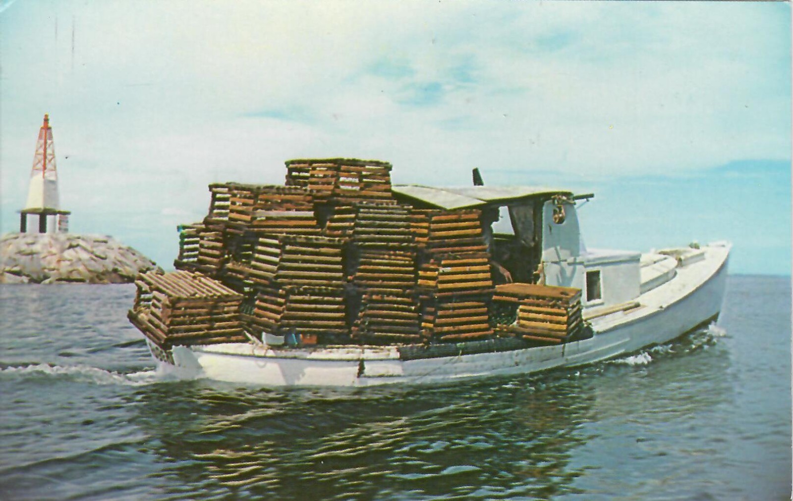 Chrome Postcard Lobster Fishermen Head Out of Rockport MA Harbor to Set Traps