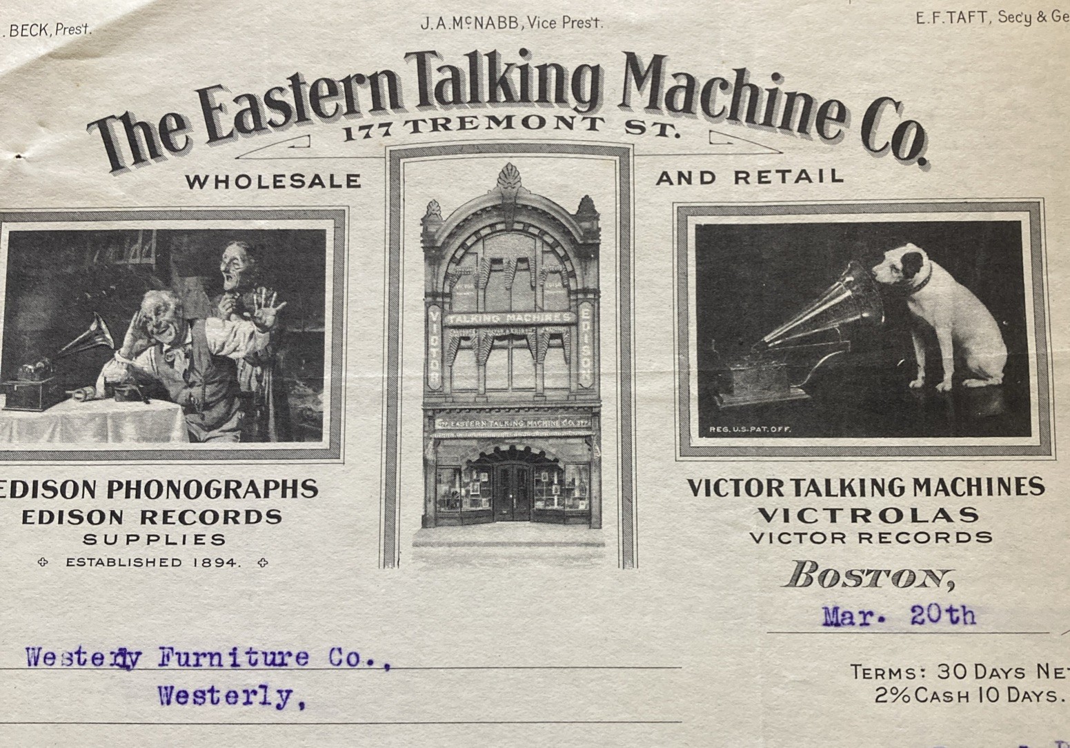 1914 The Eastern Talking Machine Co Billhead Boston Mass 177 Fremont St 1914 The Eastern Talking Machine Co Billhead Boston Mass 177 Fremont St