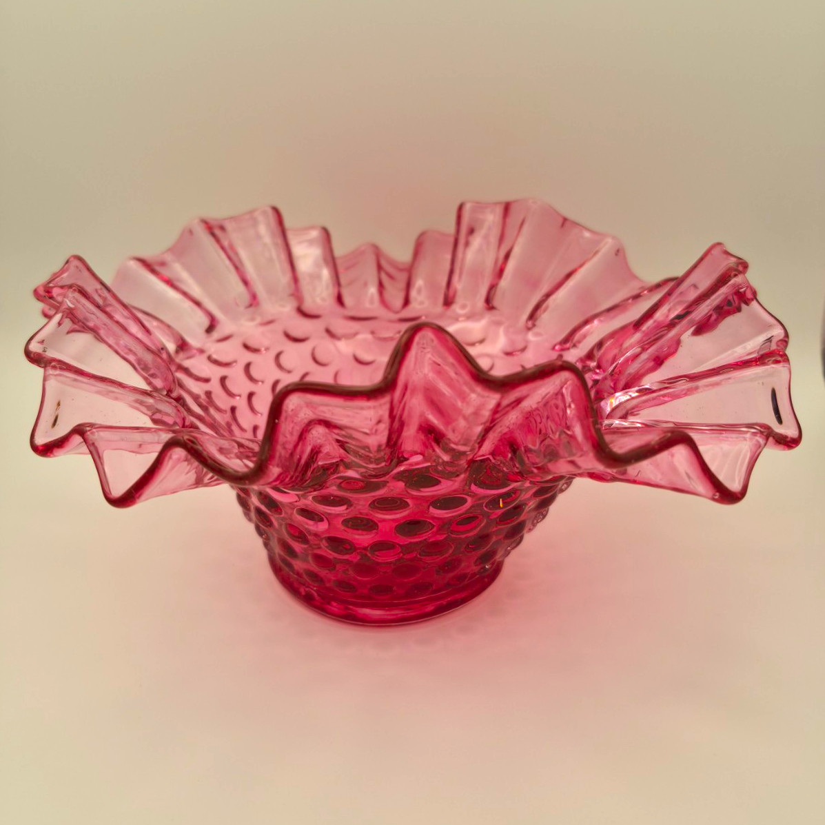 Vintage Fenton Cranberry Pink Hobnail Bowl Crimped Ruffled Edge Pink Art Glass Vintage Fenton Cranberry Pink Hobnail Bowl Crimped Ruffled Edge Pink Art Glass