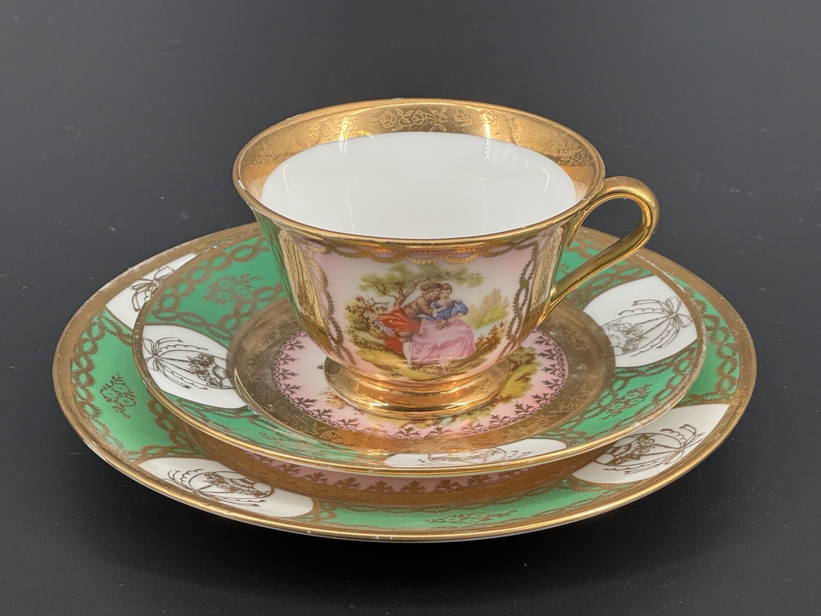 Vintage LUIZ XV Green & Gold Courting Couples Cup & Plate Trio Set, Fragonard
