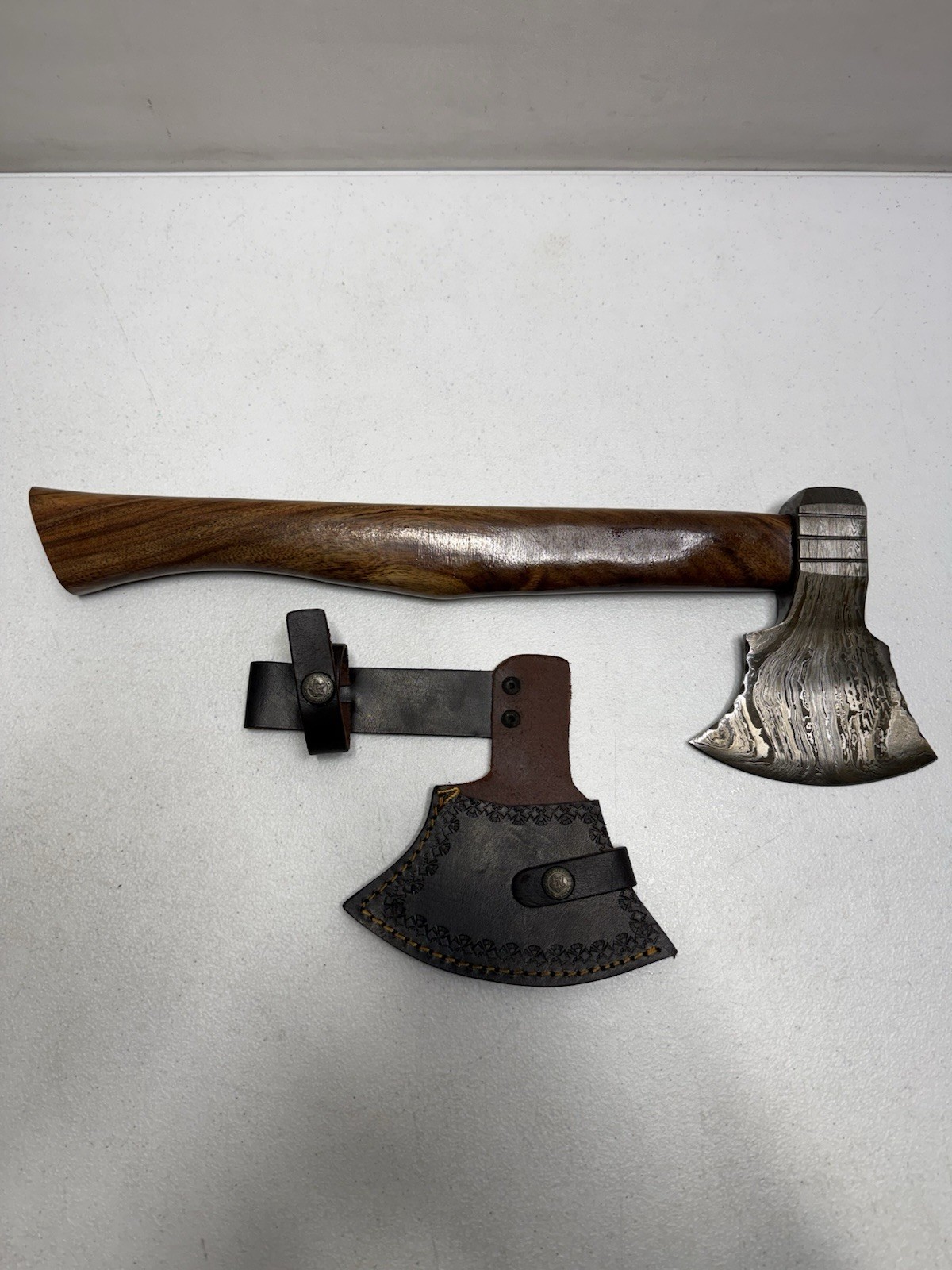 Damascus Steel Hatchet 4-1/2” Blade- Walnut Handle Handmade With Leather Sheath