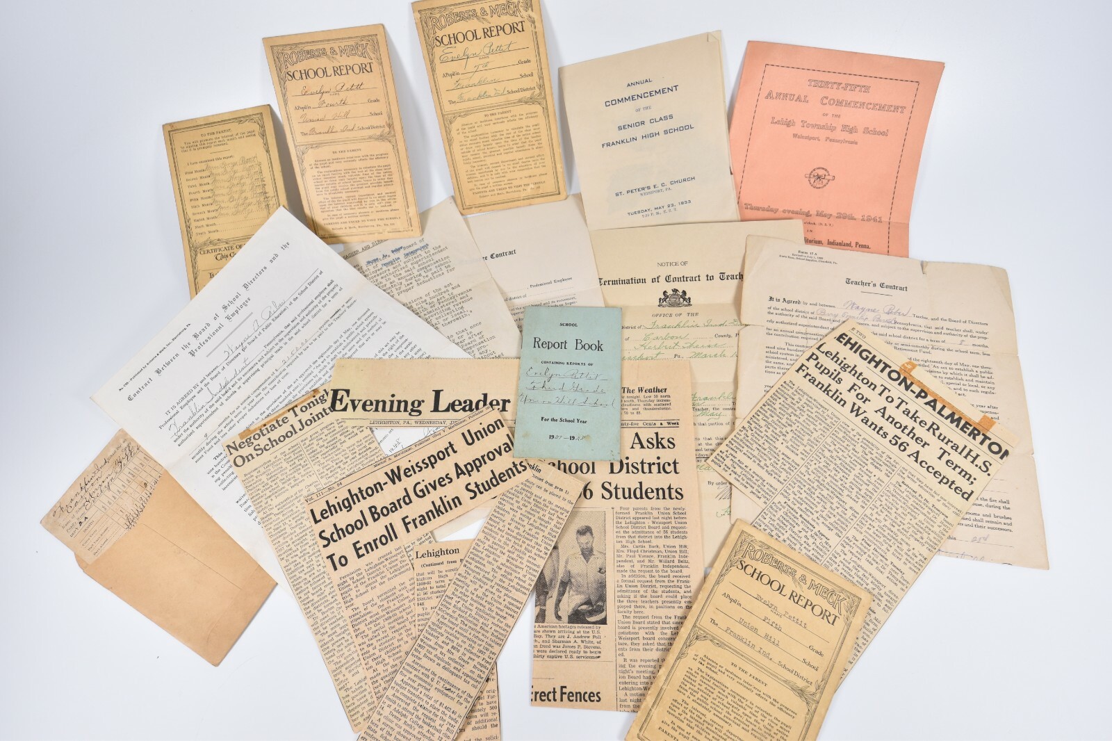 Lot 1920's - 50's Lehighton PA School District Franklin Merger Teacher Contracts