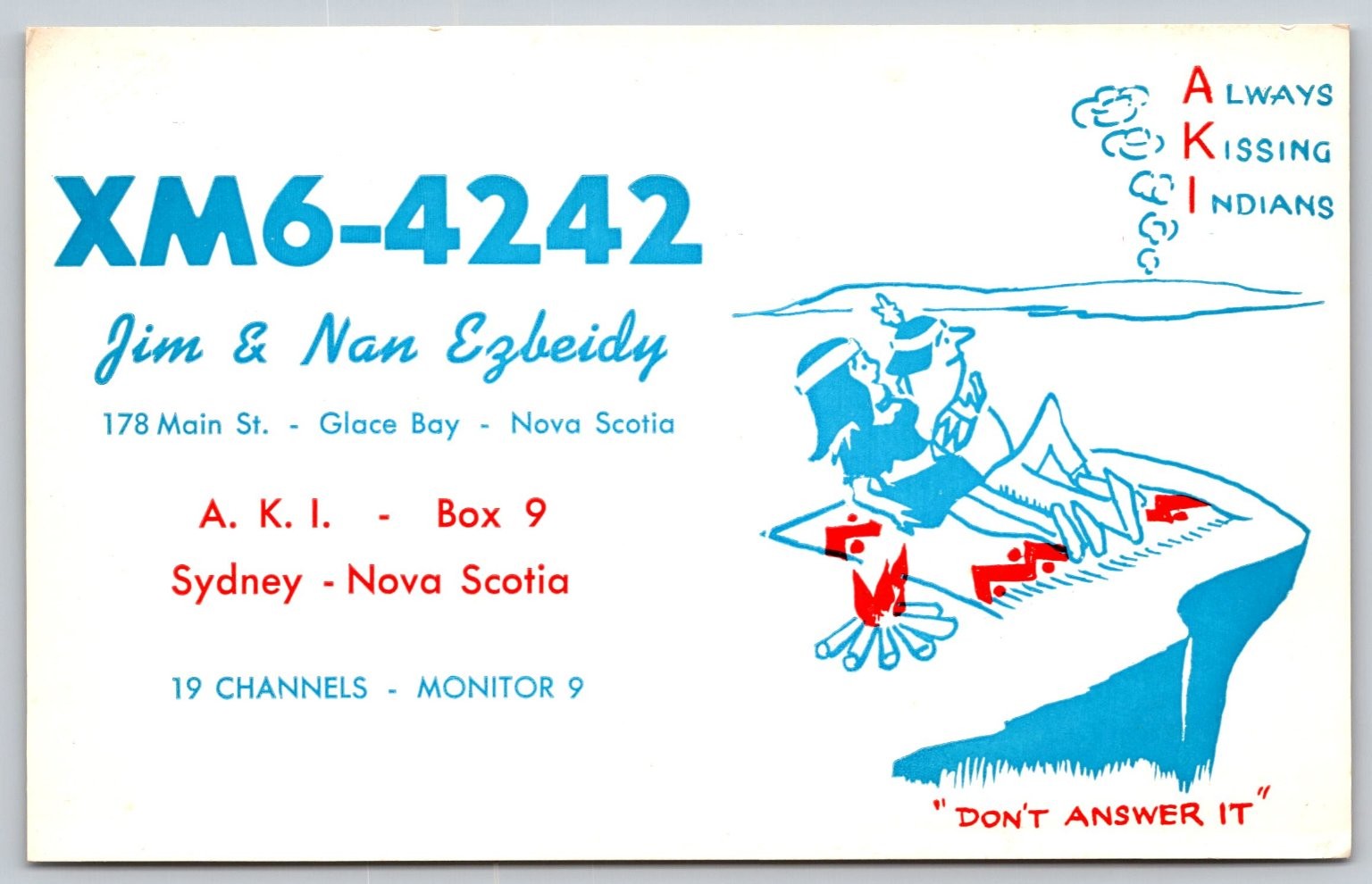QSL Postcard Glace Bay Nova Scotia Ham Radio XM6-4242 Jim & Nan Ezbeidy C3 QSL Postcard Glace Bay Nova Scotia Ham Radio XM6-4242 Jim & Nan Ezbeidy C3