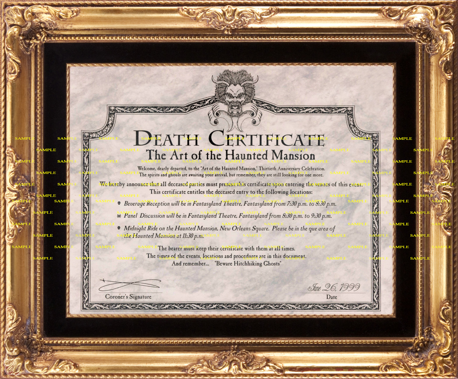1969 Disney Haunted Mansion 11x13.25 Death Certificate Poster 1969 Disney Haunted Mansion 11x13.25 Death Certificate Poster