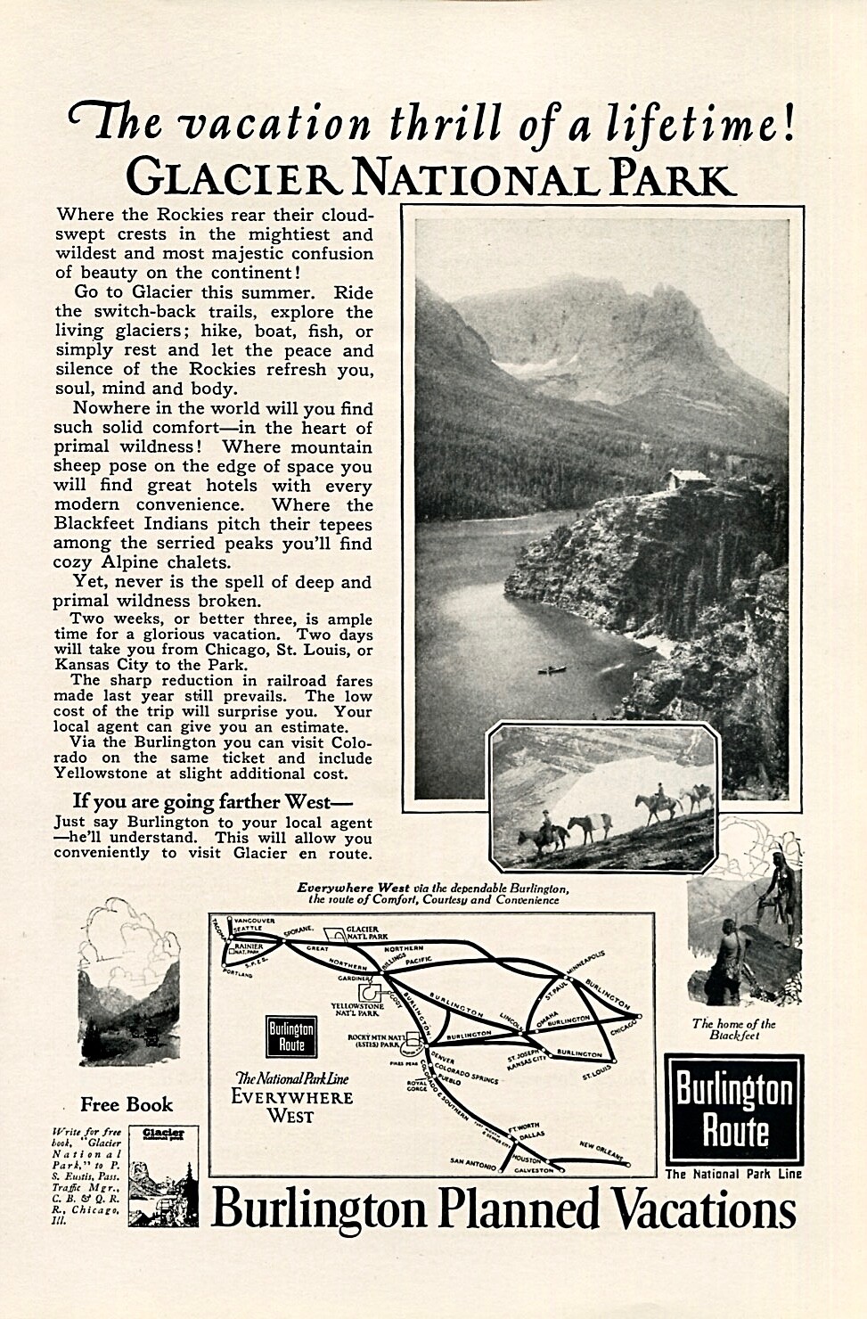 1923 Burlington Route Railroad ~ Glacier National Park ~ VINTAGE PRINT AD 1923 Burlington Route Railroad ~ Glacier National Park ~ VINTAGE PRINT AD
