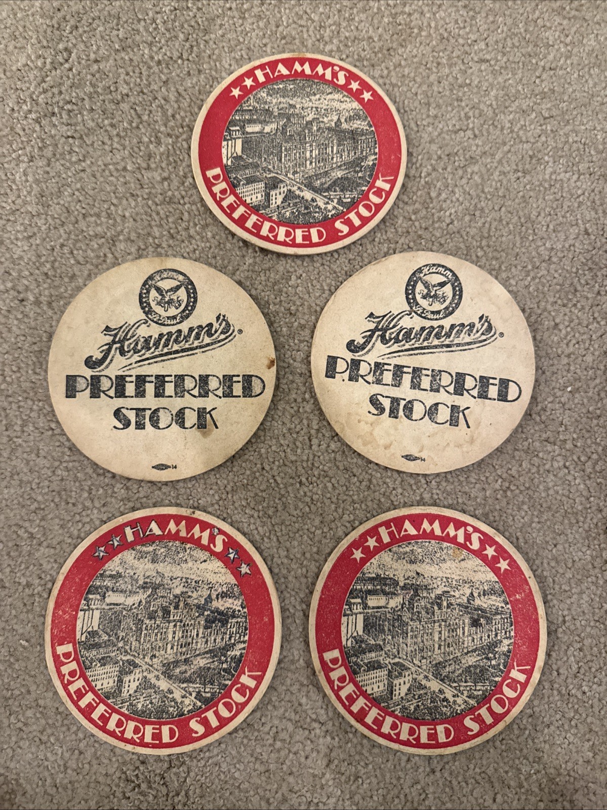 Lot of 5 Hamm\'s St. Paul Preferred Stock Beer Cardboard Coasters Mats Barware