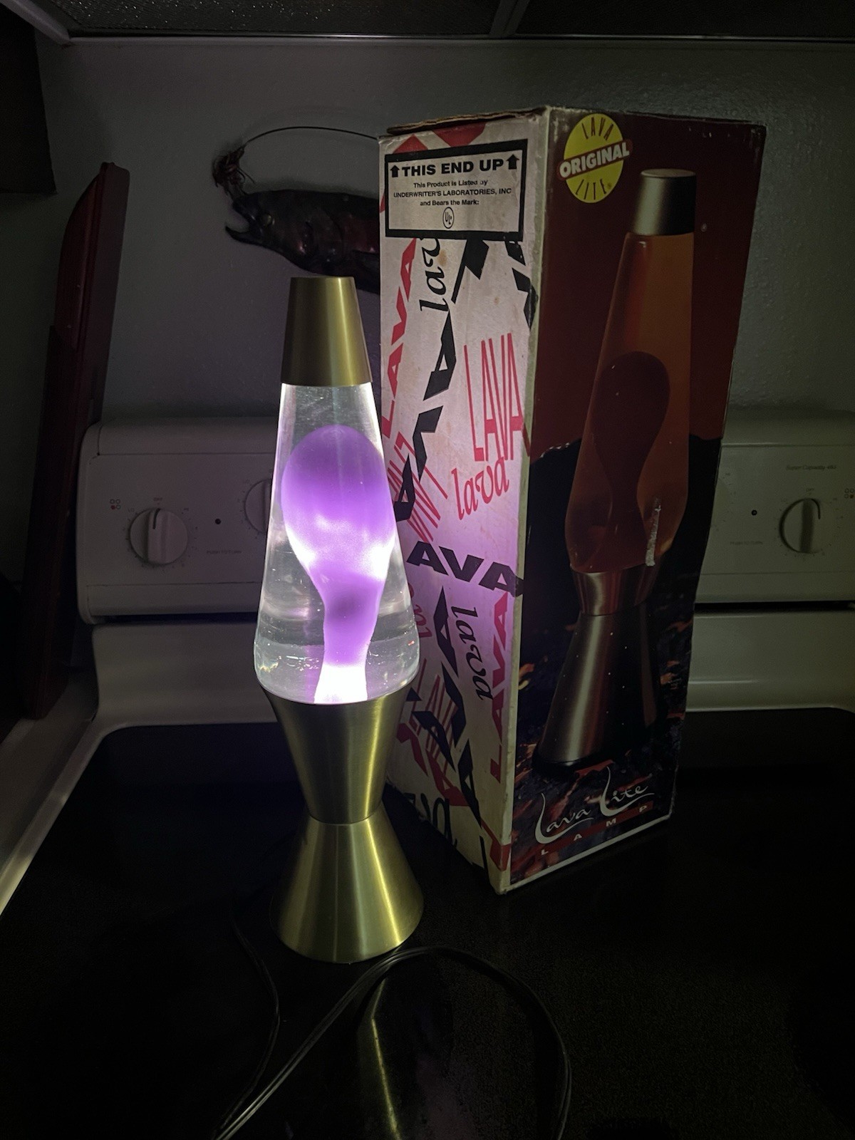 VTG 1996 Lava Lite Lamp Purple Wax Clear Liquid. Gold Brass Base/ Cap + 102 Box