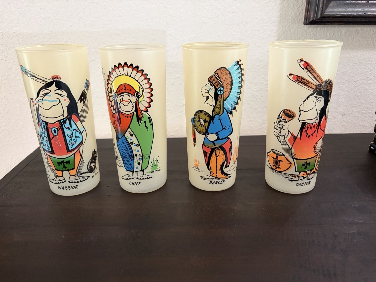 Lot of 4 Vintage 1950\'s Bill Flores Native American Glasses ~ Original Paperwork