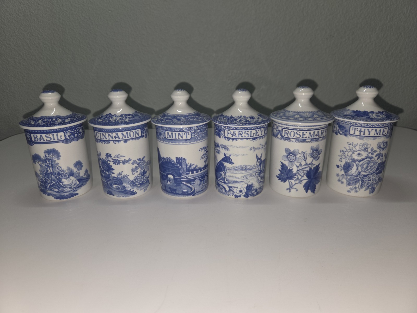 Vintage Spode Blue Room Spice Jar Set (6pc) - Made in England - \