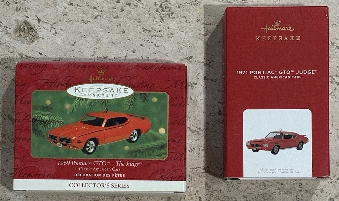 Hallmark 1969 & 1971 Pontiac GTO Judge Collectors Series Ornaments Hallmark 1969 & 1971 Pontiac GTO Judge Collectors Series Ornaments