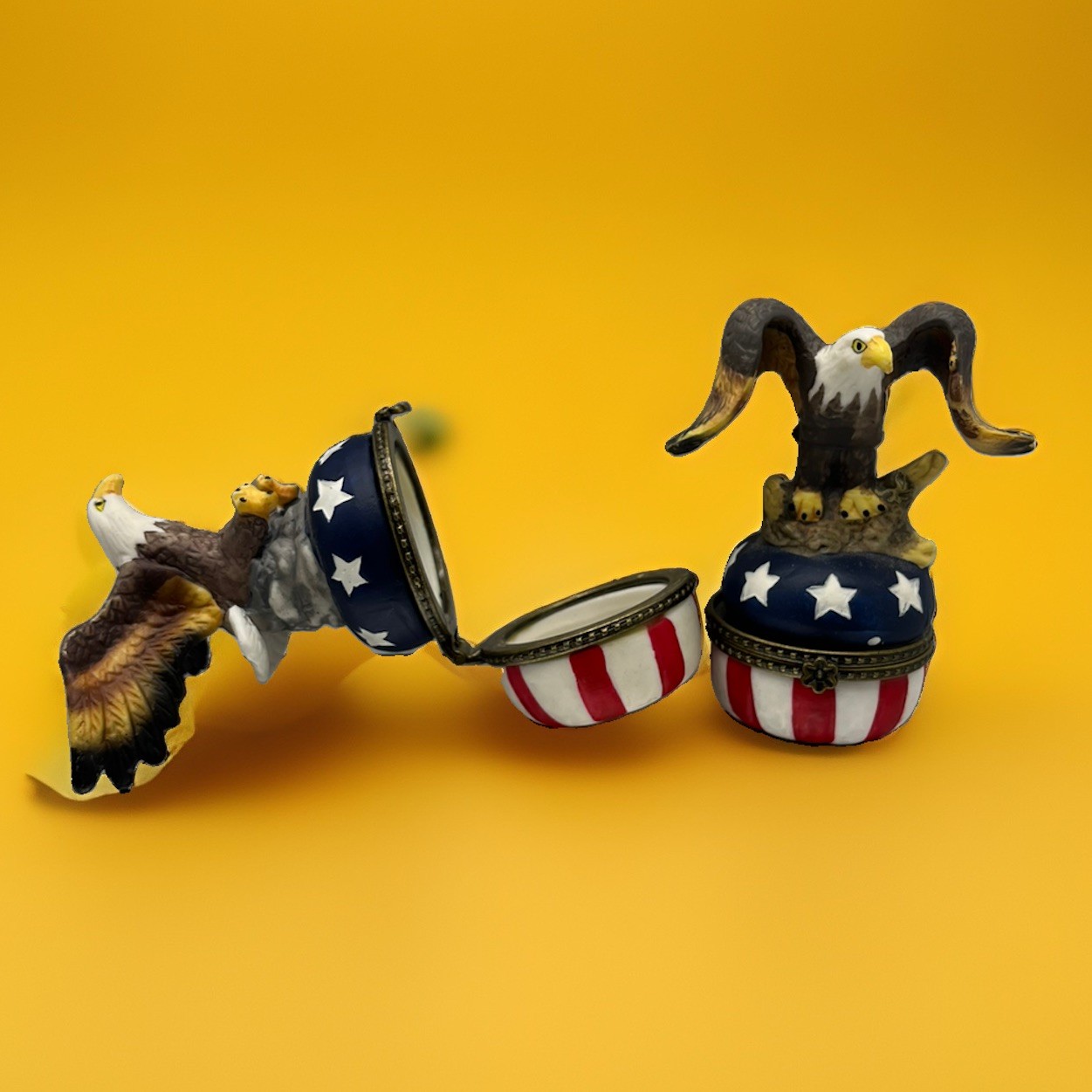 Vintage USA 1960\'s Porcelain American Eagle Figurine Trinket Box 3.5” Lot of 2