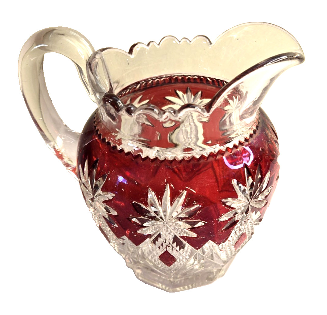 Antique Crystal Creamer Ruby Stained circa 1894 Tarentum Glass EAPG - Scalloped