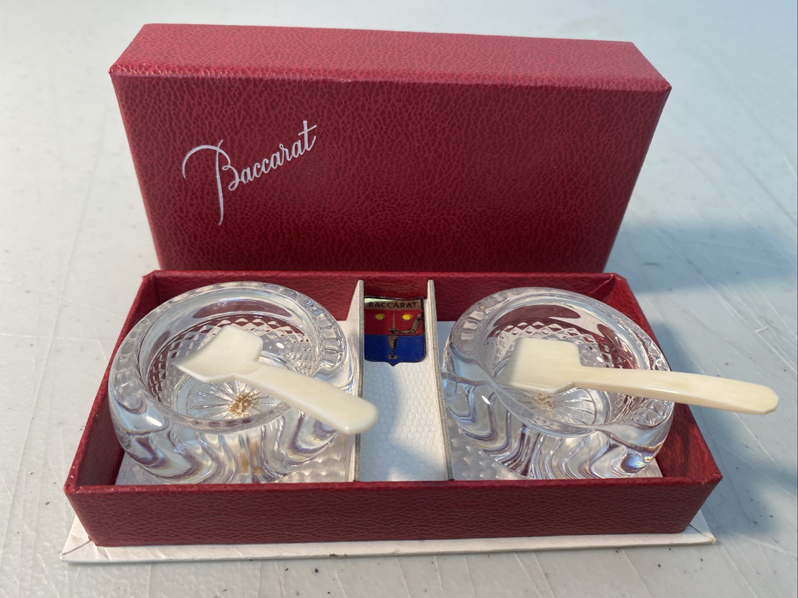 Baccarat Crystal Salt Cellar Set Caviar Made In France Original Box Ivory Spoons Baccarat Crystal Salt Cellar Set Caviar Made In France Original Box Ivory Spoons