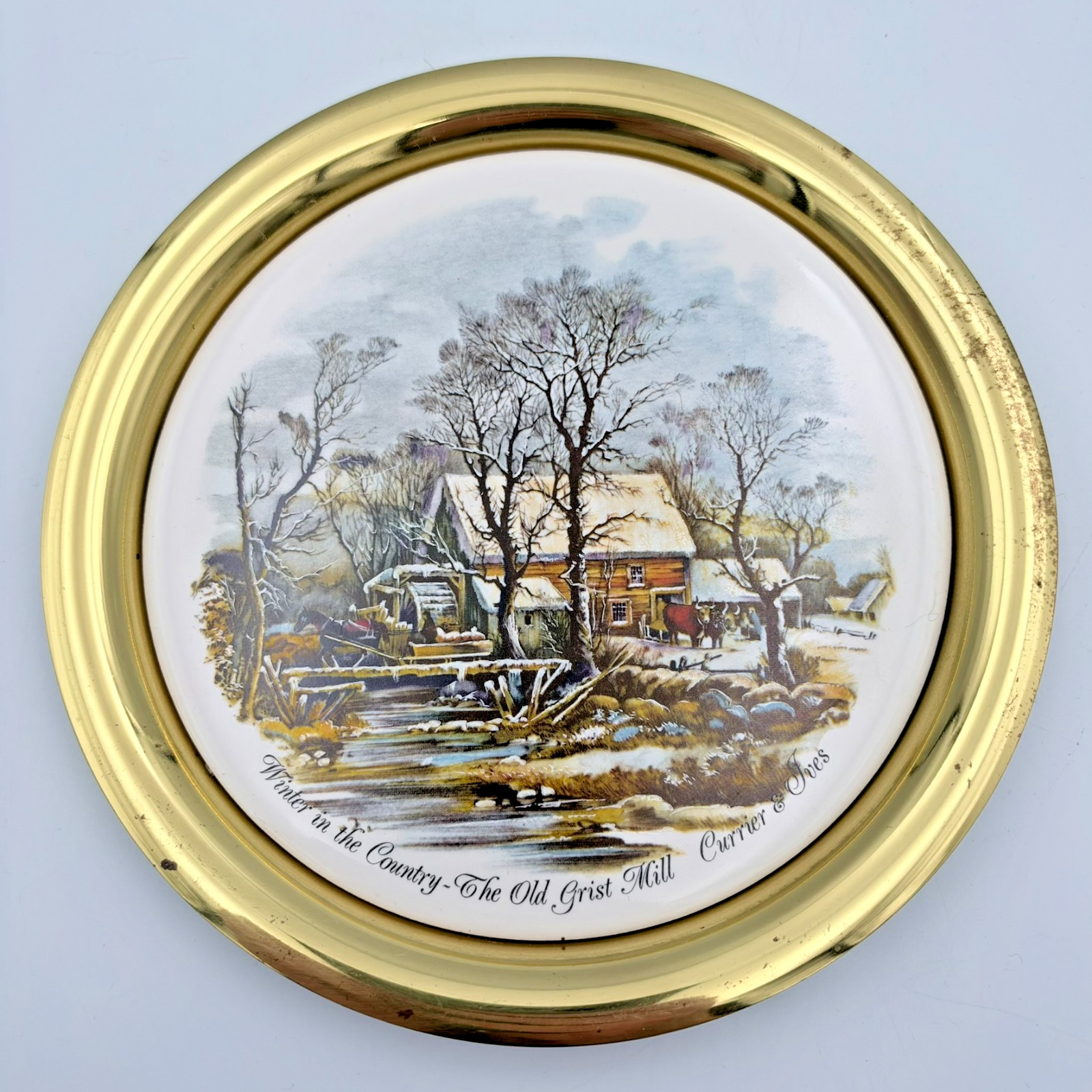 Vintage Currier & Ives Old Grist Mill Ceramic Wall Plaque Brass Frame 7.25\