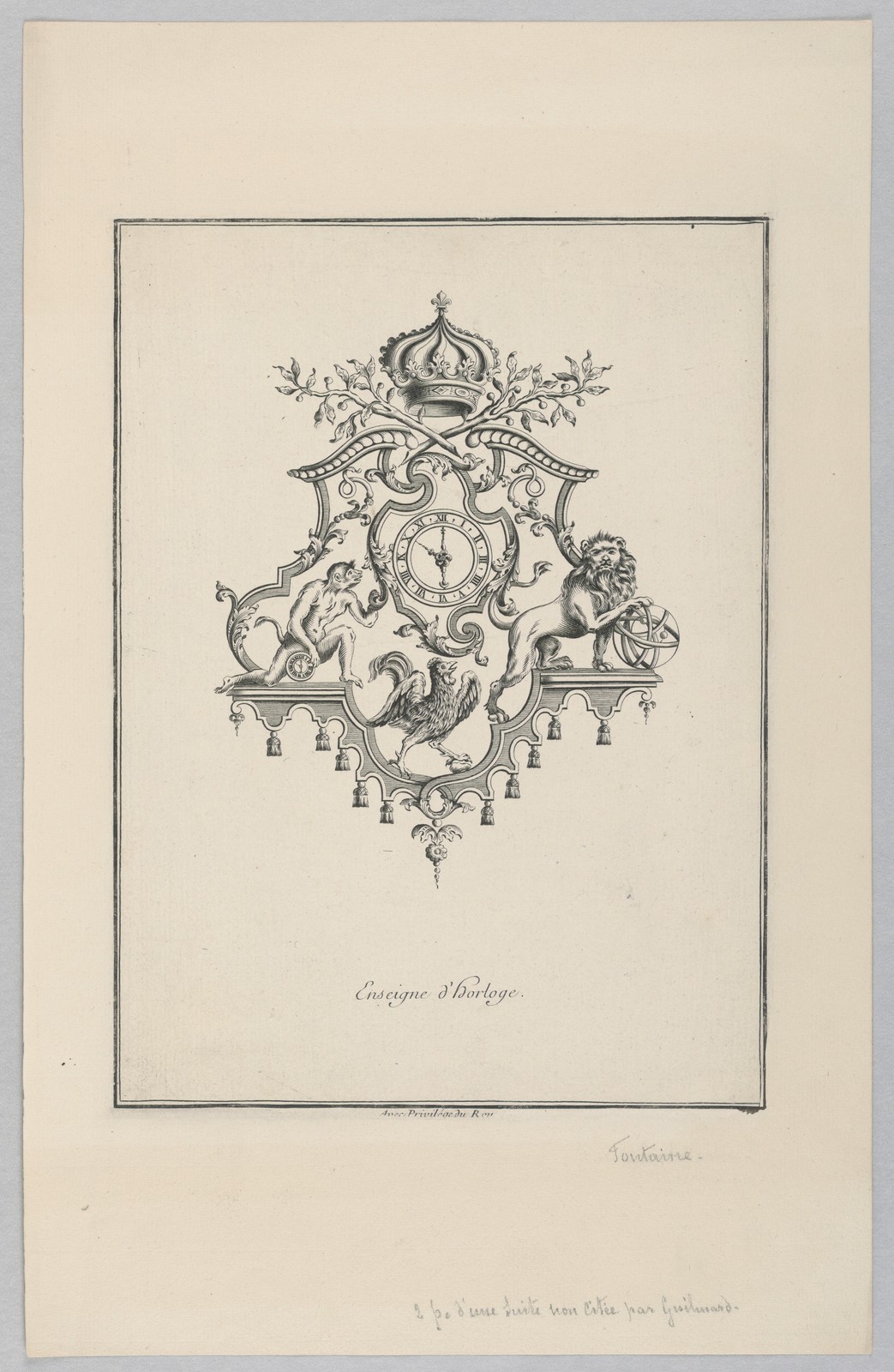 Fontaine Clock Design 1700s Vintage Ornamental Engraving Reprint Wall Art