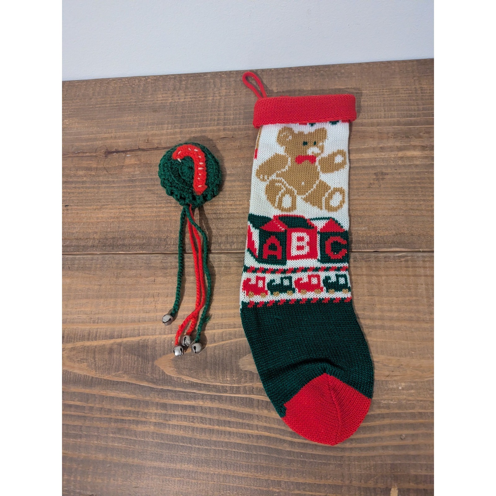 Vintage Knit Stocking Bear Blocks Trucks Homemade Crochet Decor with Bells