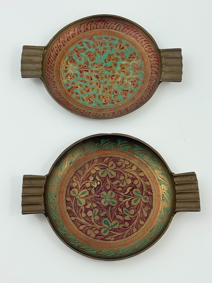 Vtg Hand Painted Brass Ashtray Lot of 2 Floral Etched Enamel Boho Decor India