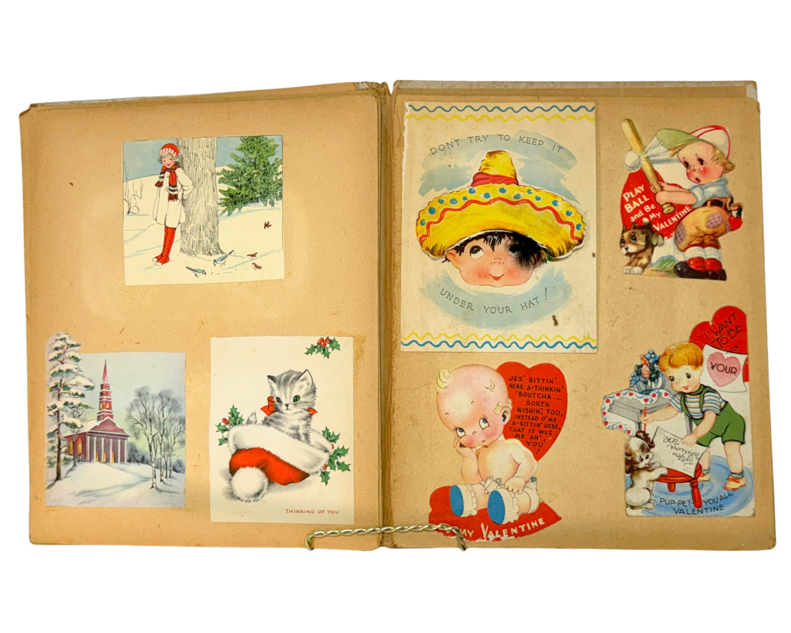 Vtg 1940s Scrapbook Album Filled Cut-Out Cards Illustrations Ephemera Americana
