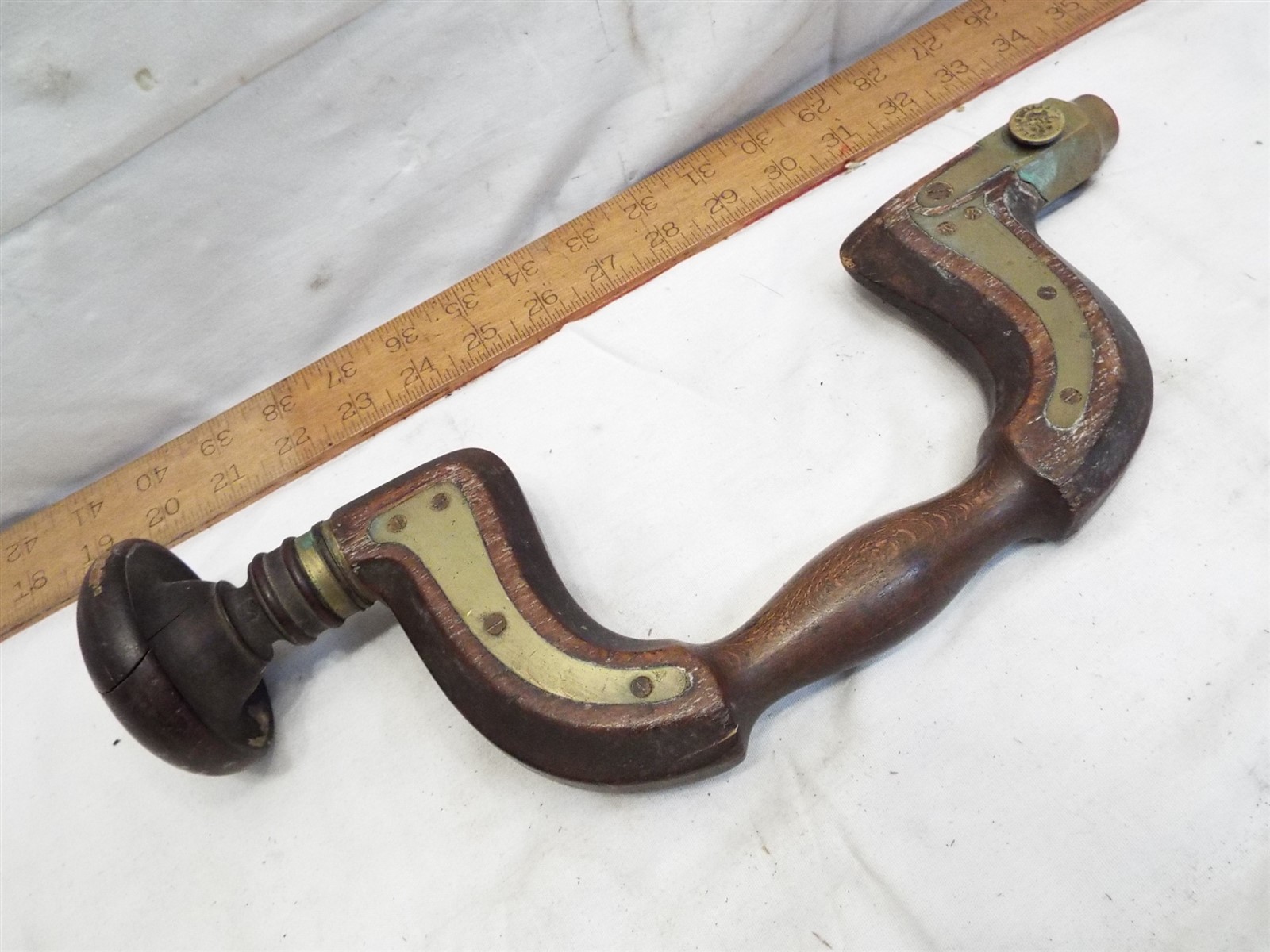 Antique James Bee Henry Brown Brass Plated Wood Brace Tool Sheffield Push Button