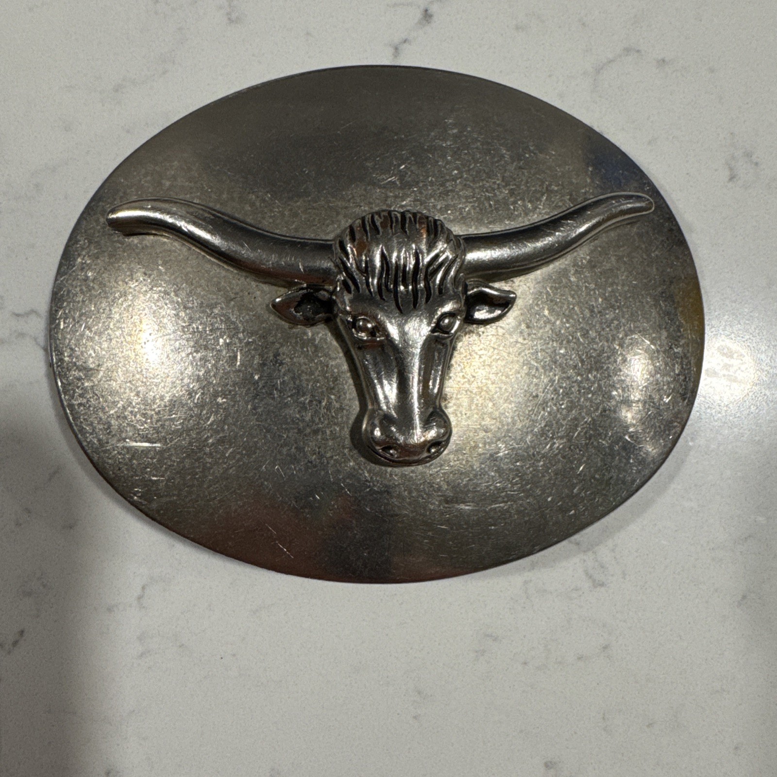 Vintage Silver Toned Texas Longhorn Steer Head Western Oval Belt Buckle