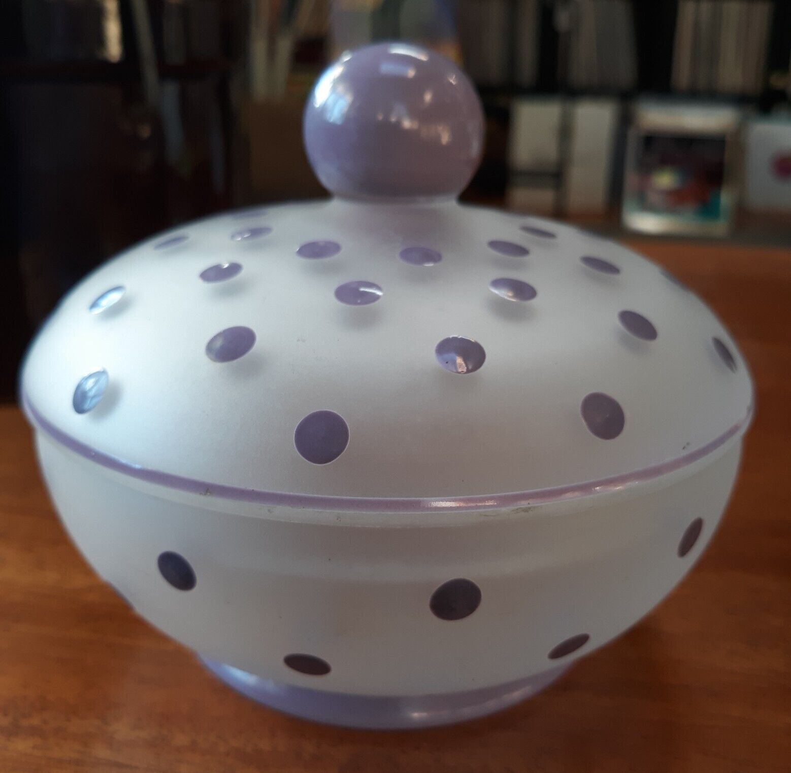 Vintage Frosted Glass Purple Polka Dots Candy Trinket Dish Bowl Cover Lid Vanity