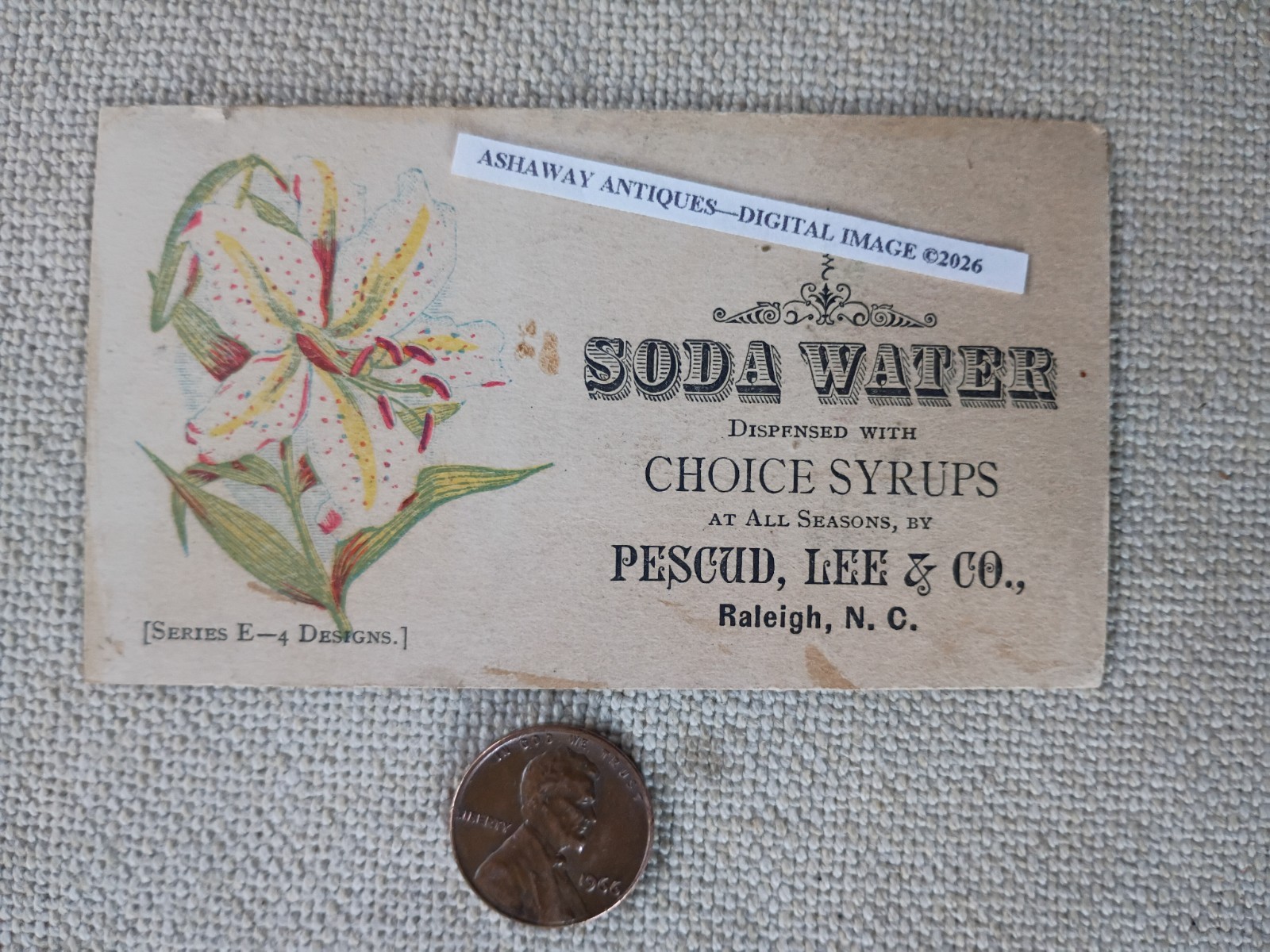 1870s Trade Card for SODA WATER at PESCUD, LEE & CO. Drugstore in RALEIGH NC 1870s Trade Card for SODA WATER at PESCUD, LEE & CO. Drugstore in RALEIGH NC