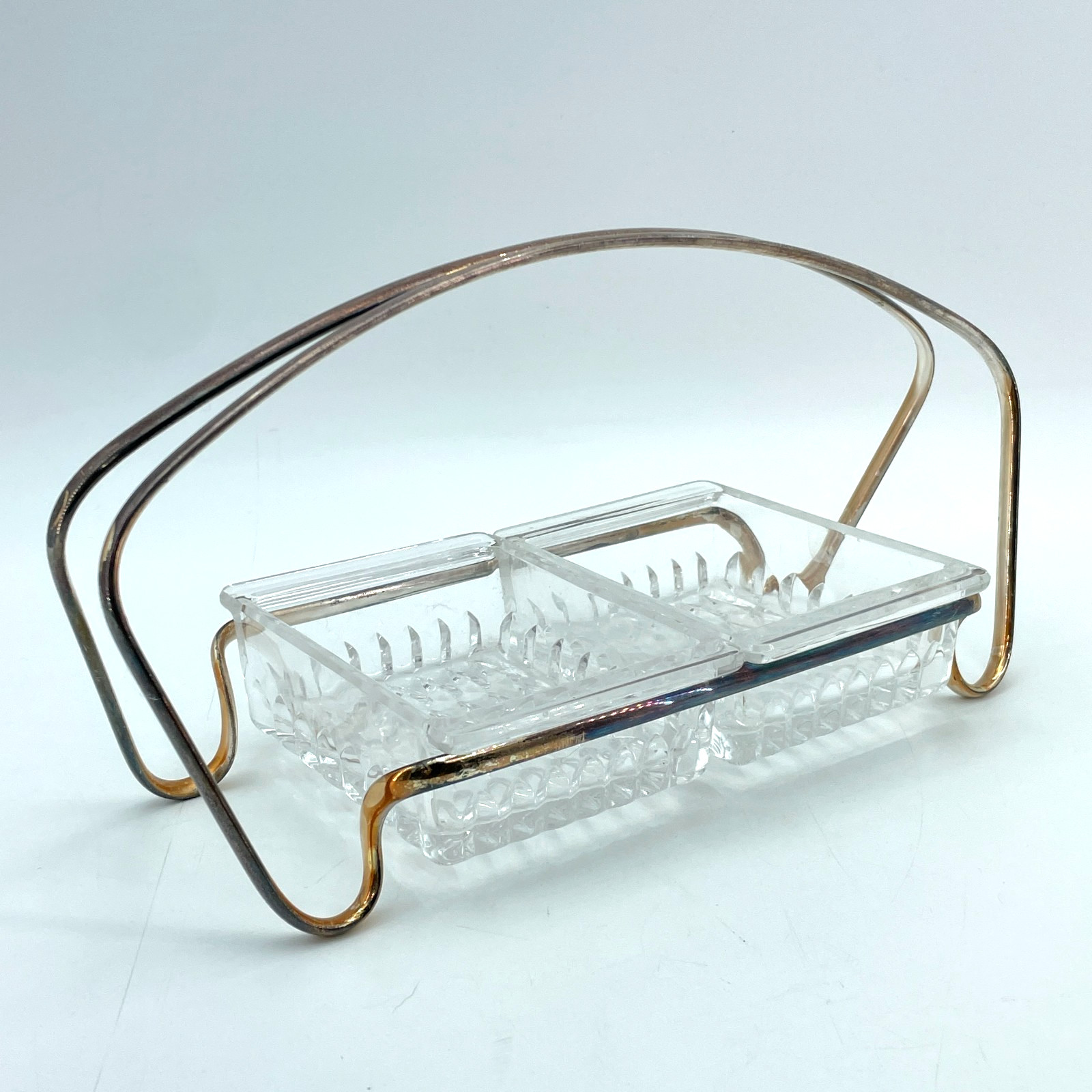 Vintage MCM Glass Relish Dish Dual Compartment Handled Metal Caddy Server 11x5