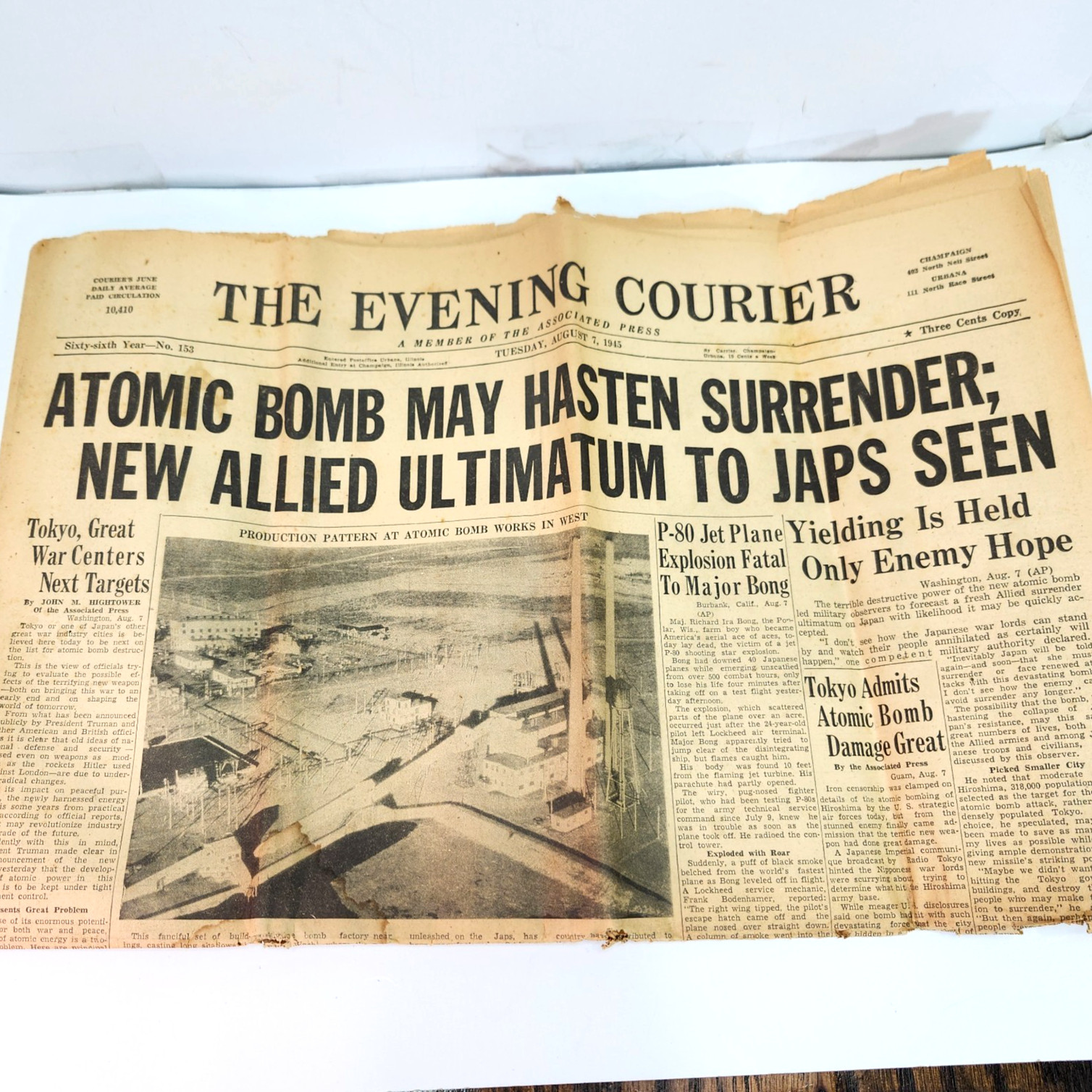 The Evening Courier August 1945: Atomic Bomb May Hasten Surrender WWII Newspaper