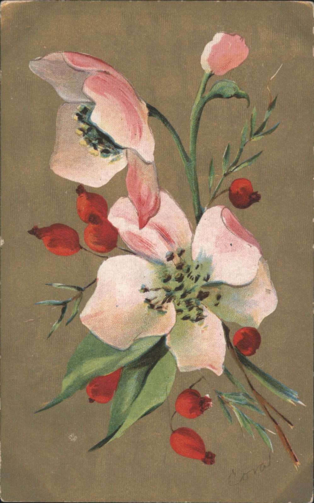 Pink White Flowers with Red Berries, Artist Signed Cora 1910 IA Original Vintage