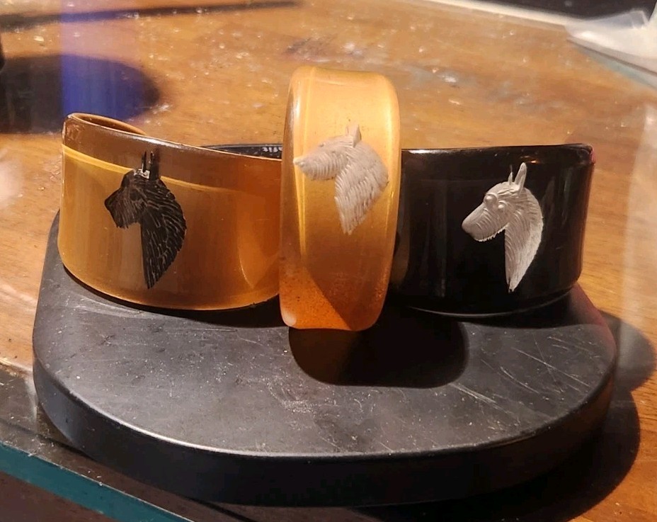 Lot of 3 Vintage Reverse Carved Lucite Cuff Bracelets Scottie Dog Terrier 1950s
