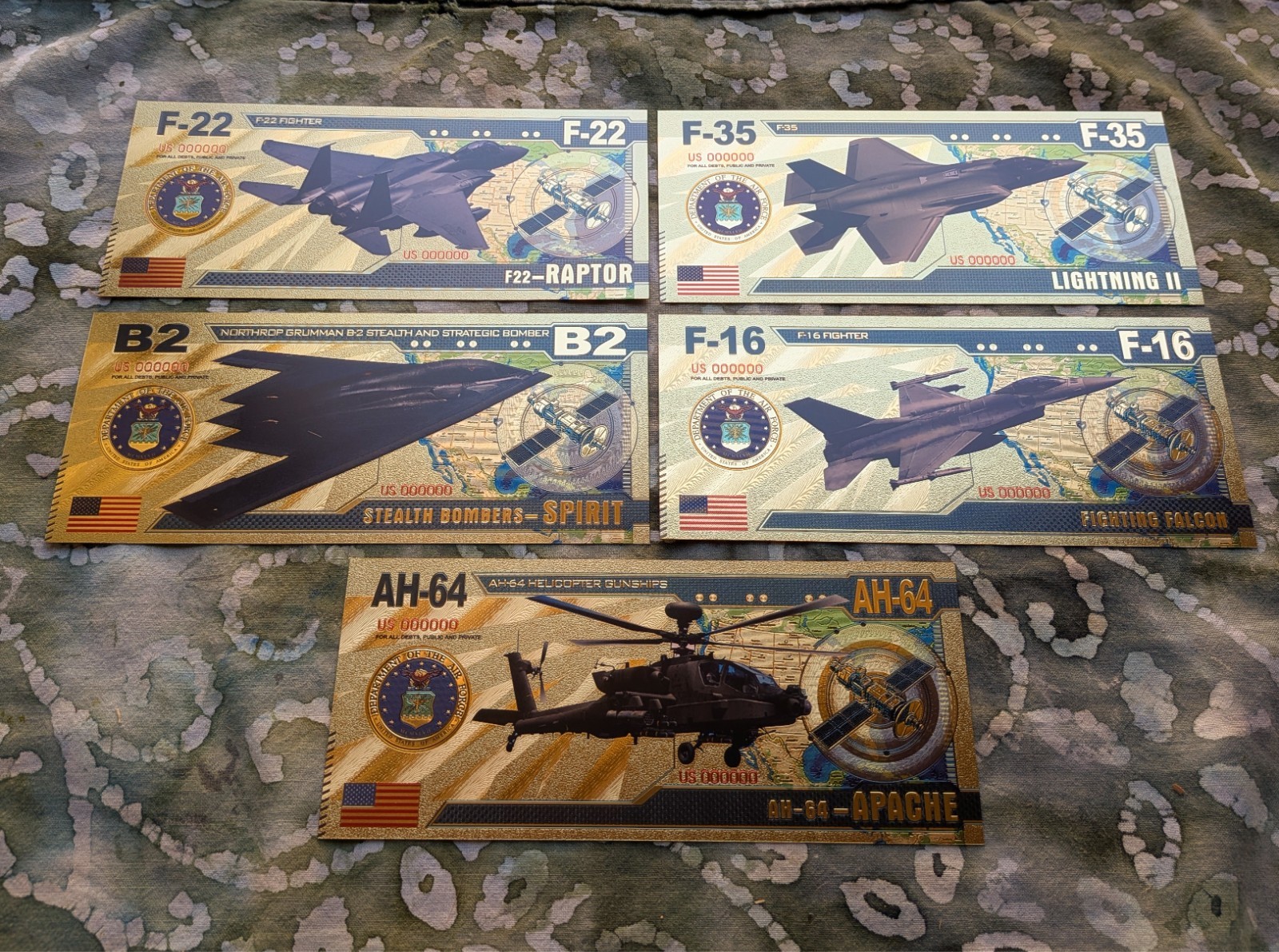 5pc USA Military Fighter Jets 24k Gold Foil Plated Collectible Novelty Banknotes