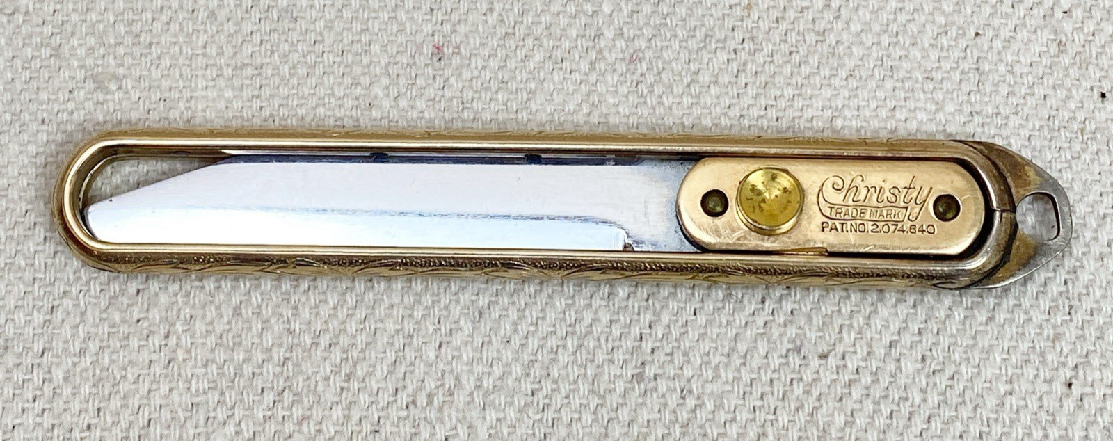 Rare Vintage CHRISTY Sliding Blade Gold Plated Floral Design Pocket Knife 1940s