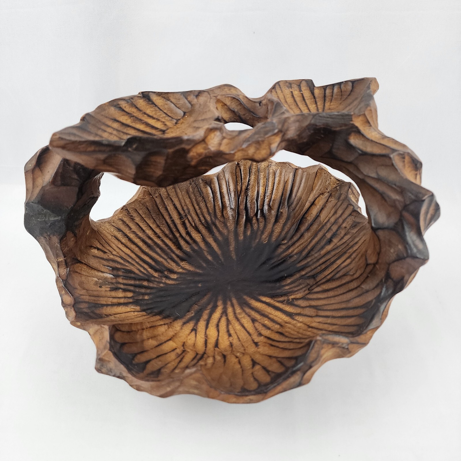Vintage Hand Carved BURL WOOD Rustic Leaf Shaped Basket With Handle Taiwan/label