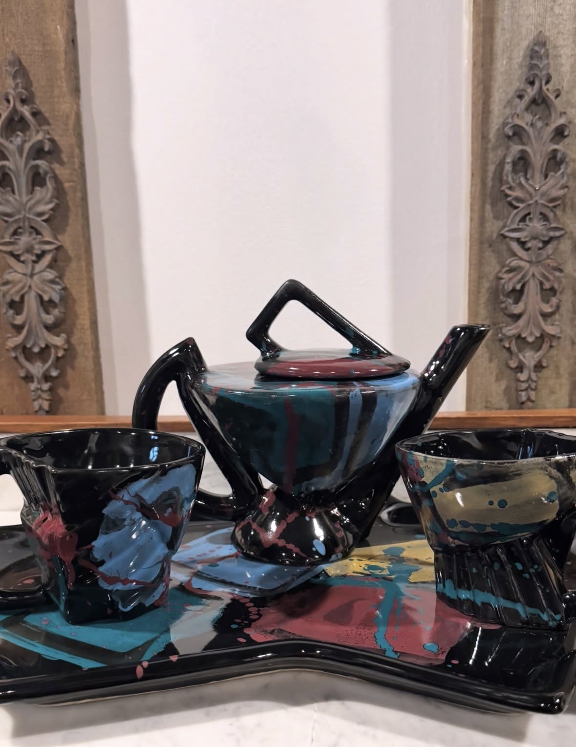 Modernist Charles Nalle designer tea set teapot mugs serving tray signed EUC