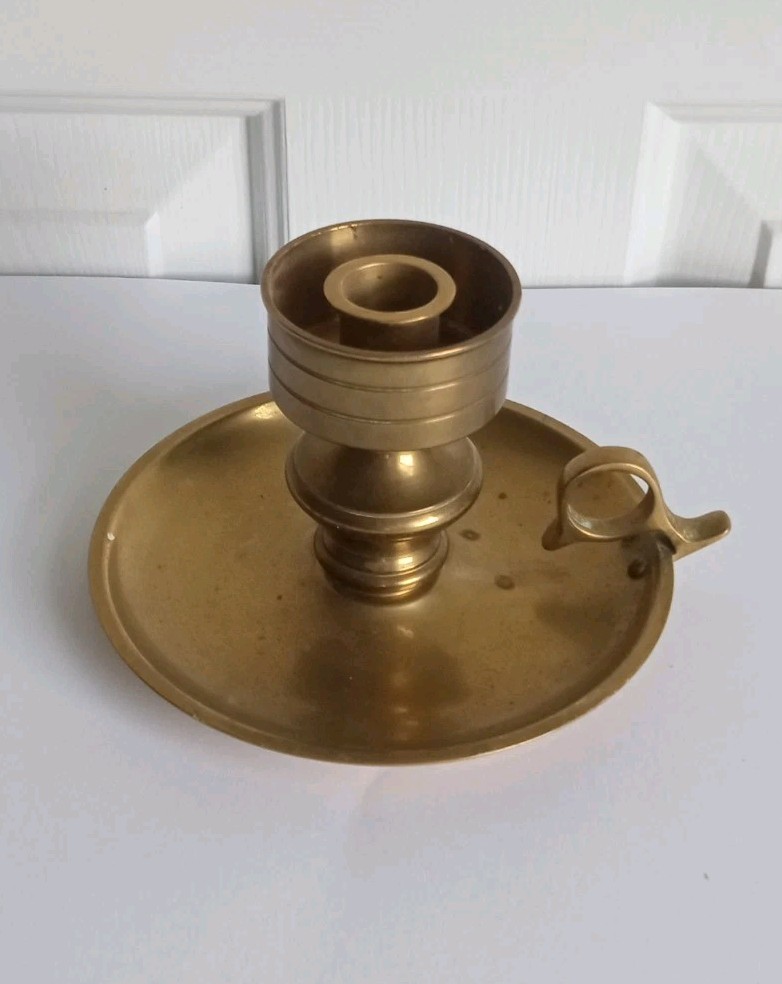 Antique Brass Chamberstick Candle Holder 3 Piece Take Down Finger Loop 