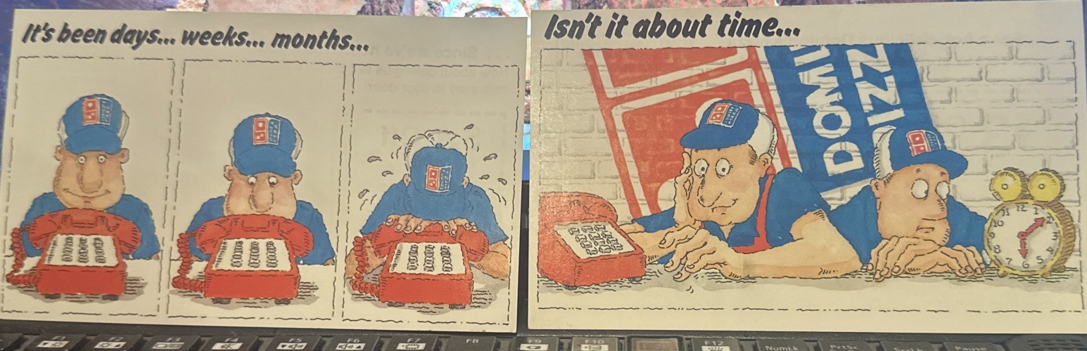 Vintage 1990 and 1991 Domino's Pizza postcard style ad humor