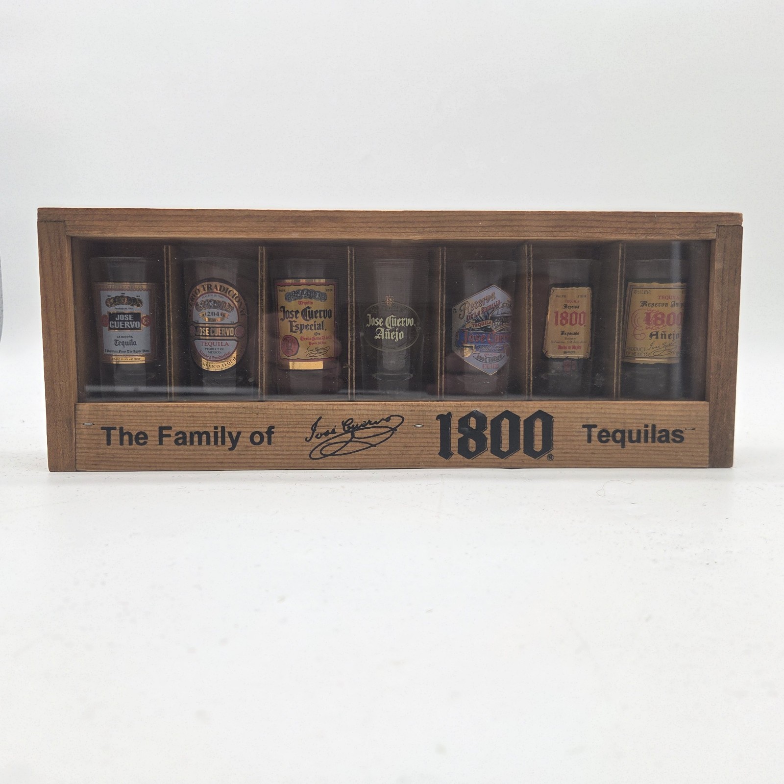Vintage Jose Cuervo 1800 Tequila 7 Shot Glass Set Wooden Display Case Circa 1999