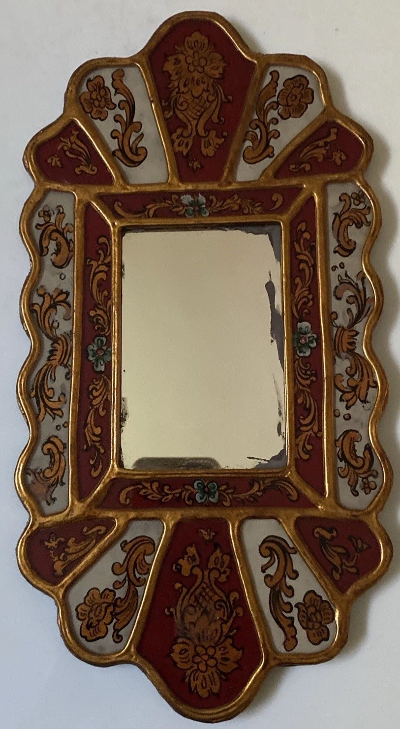 RARE Peruvian Antique ? Wall Mirror Hand Painted ROJO PERU 12 1/4”x 6 1/4” FAB