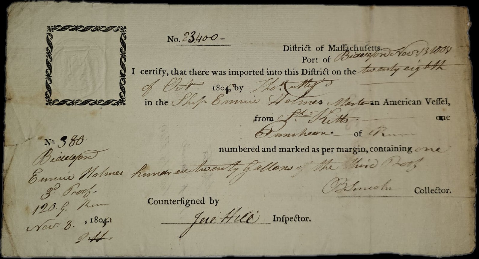 1805 Bridgeton, Massachusetts (Pre Maine) Bill of Lading – Rum From Saint Kitts